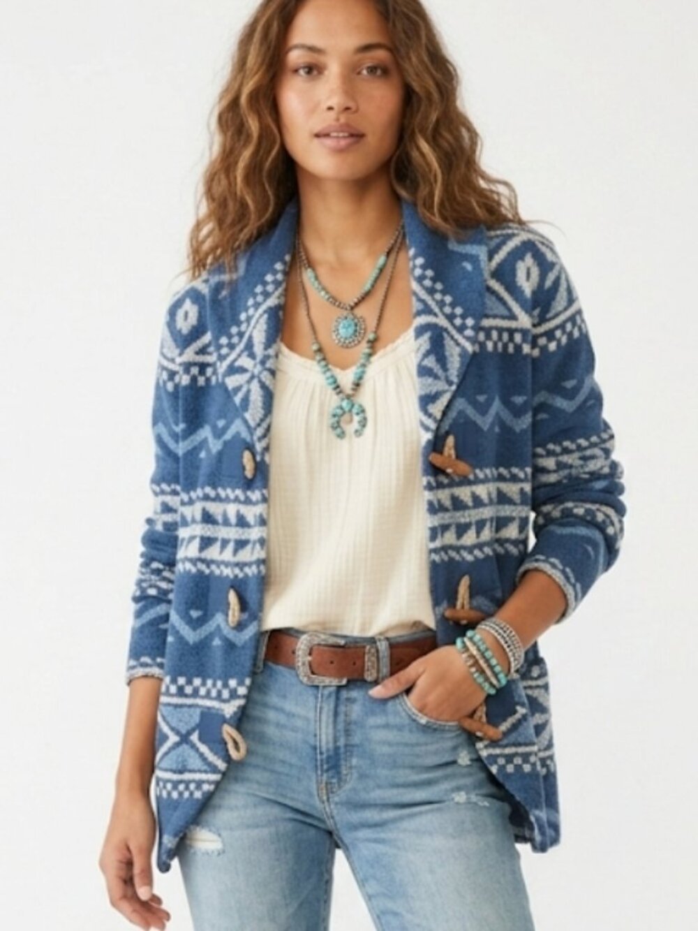 Lauren Ralph Lauren Cardigan Blue Southwestern Boho Toggle Shawl Collar XL